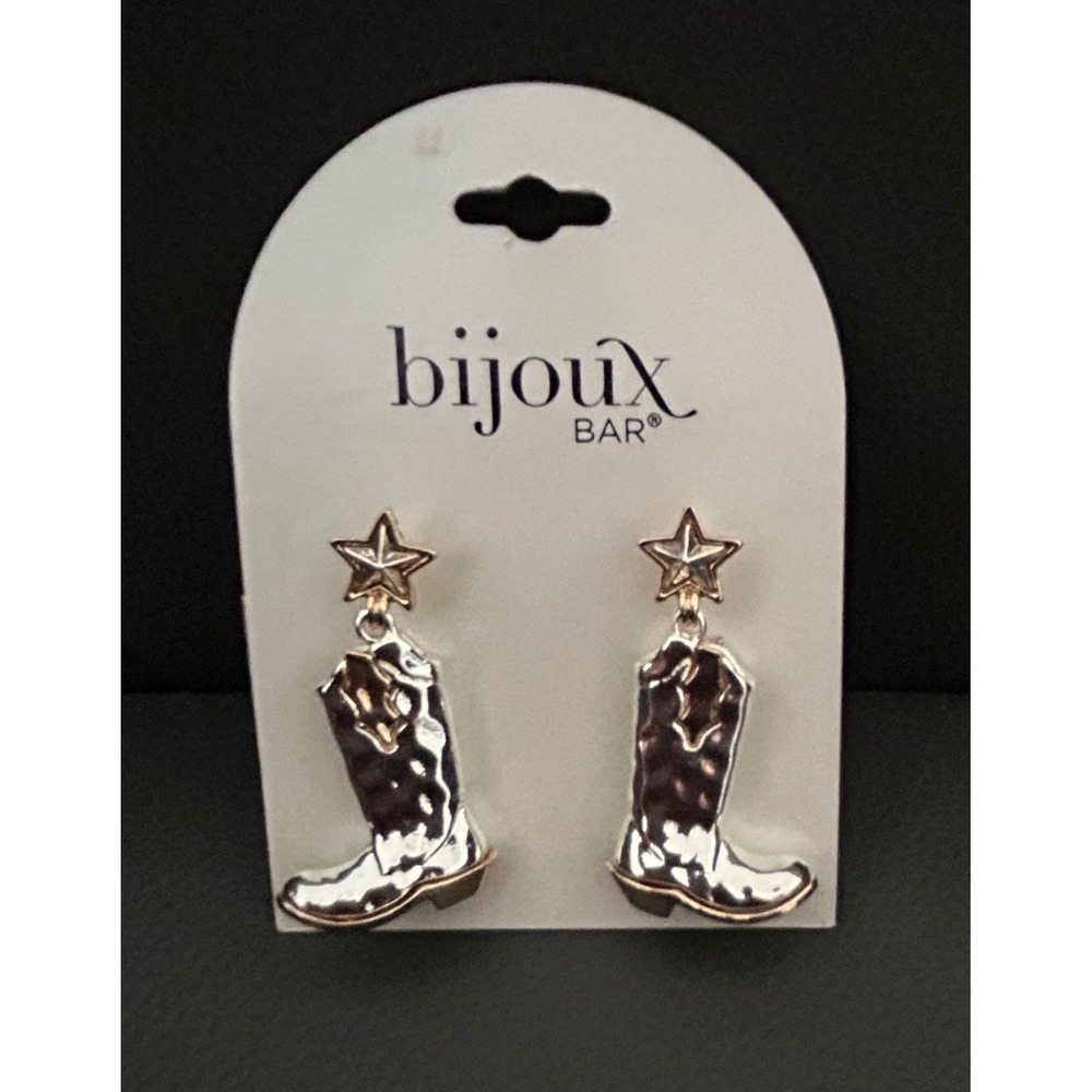 Bijoux Bar Cowboy Boot Star Earrings Two Tone Gold Silver Western Drop - Picture 4 of 5
